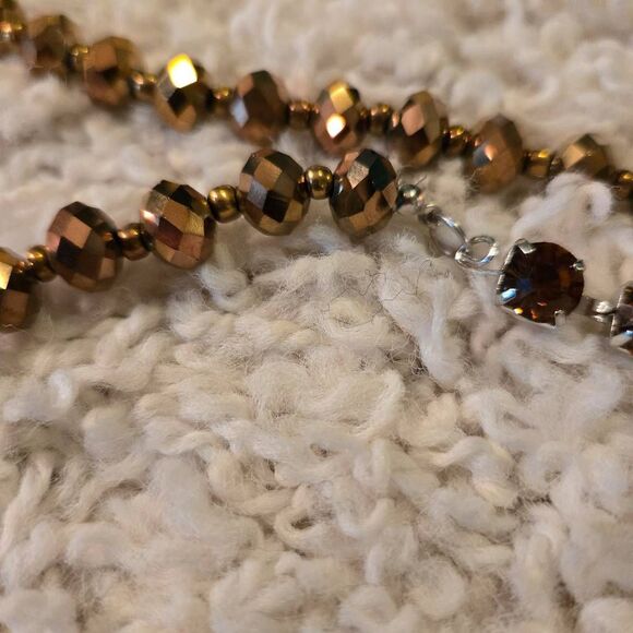 NWOT  Bronze Faceted Bead + Amber Rhinestone Necklace Long - Picture 5 of 7